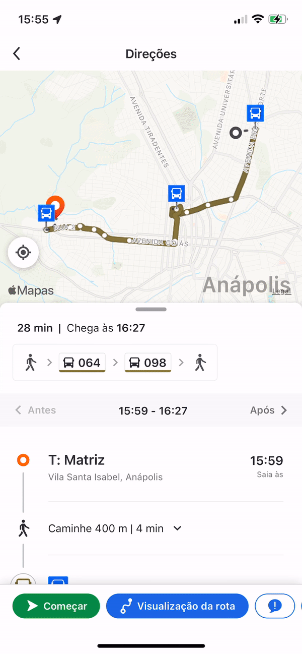 Gif com tela do Moovit mostrando o novo itinerário